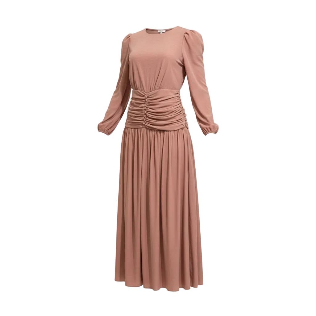 Blush Ruched Waist Puff-Sleeve Maxi Dress