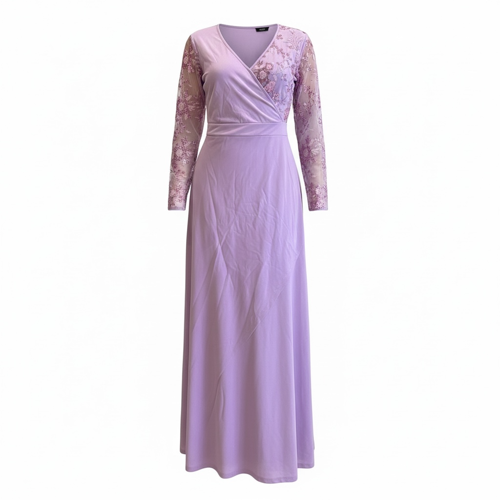 Lilac Lace-Sleeve Wrap Maxi Dress