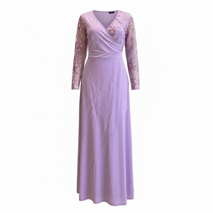 Lilac Lace-Sleeve Wrap Maxi Dress