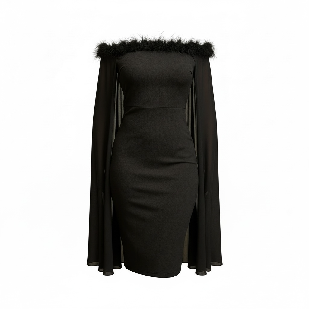 Feathered Noir Off-Shoulder Cape Midi Dress