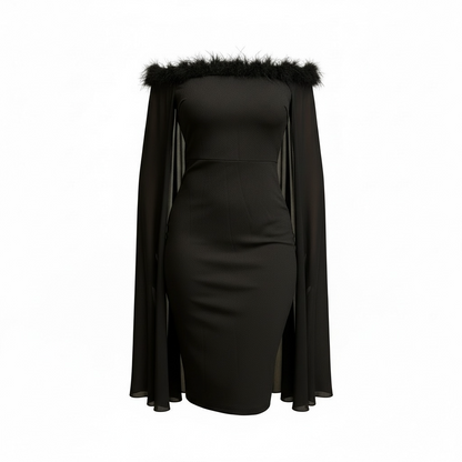Feathered Noir Off-Shoulder Cape Midi Dress