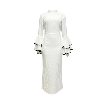 Crisp White Quilted Bell-Sleeve Maxi Dress