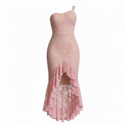 Blush Pink One-Shoulder Lace Gown