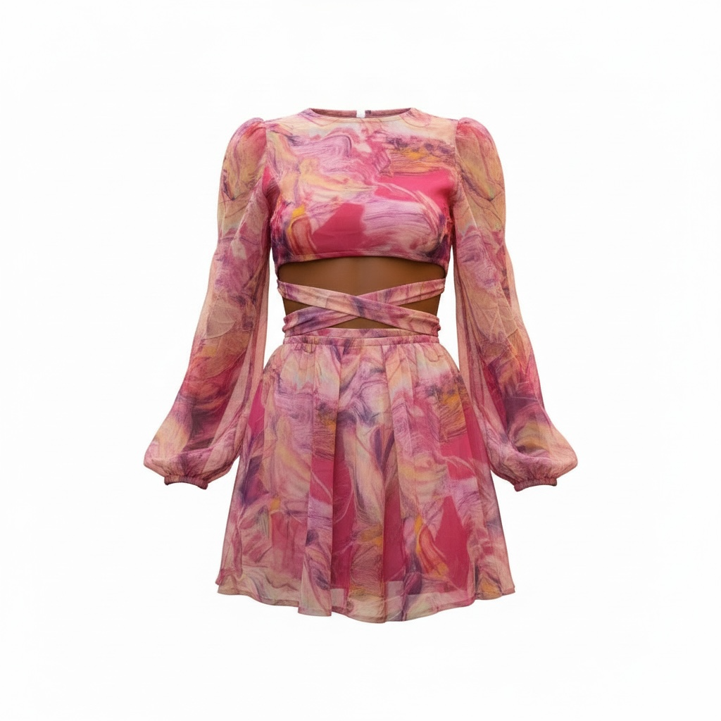 Pink Marble Cut-Out Puff-Sleeve Mini Set
