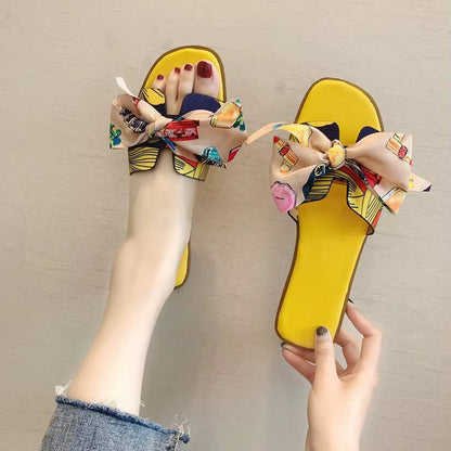 Women’s Printed Bow Slides – Flat Slip-On Sandals