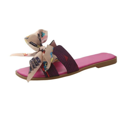 Women’s Printed Bow Slides – Flat Slip-On Sandals