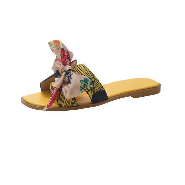 Women’s Printed Bow Slides – Flat Slip-On Sandals