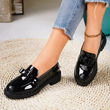Women’s Glossy Bow Chunky Loafers – Slip-On Shoes
