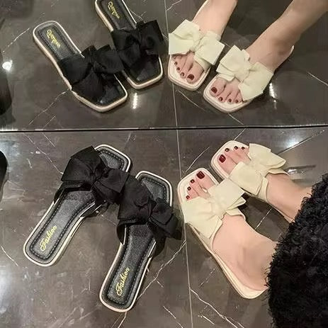 Women’s Double Bow Flat Slides – Elegant Slip-On Sandals