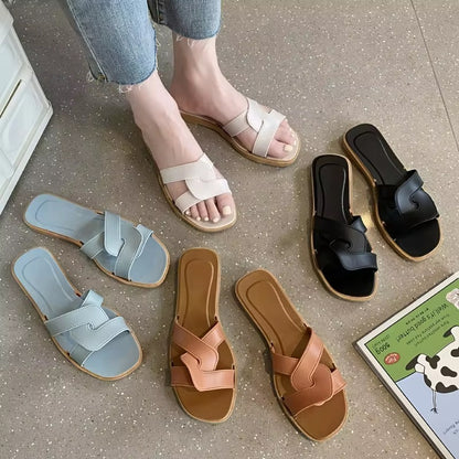Women's H-Style Flat Slides – Classic Slip-On Sandals | Beige & Black