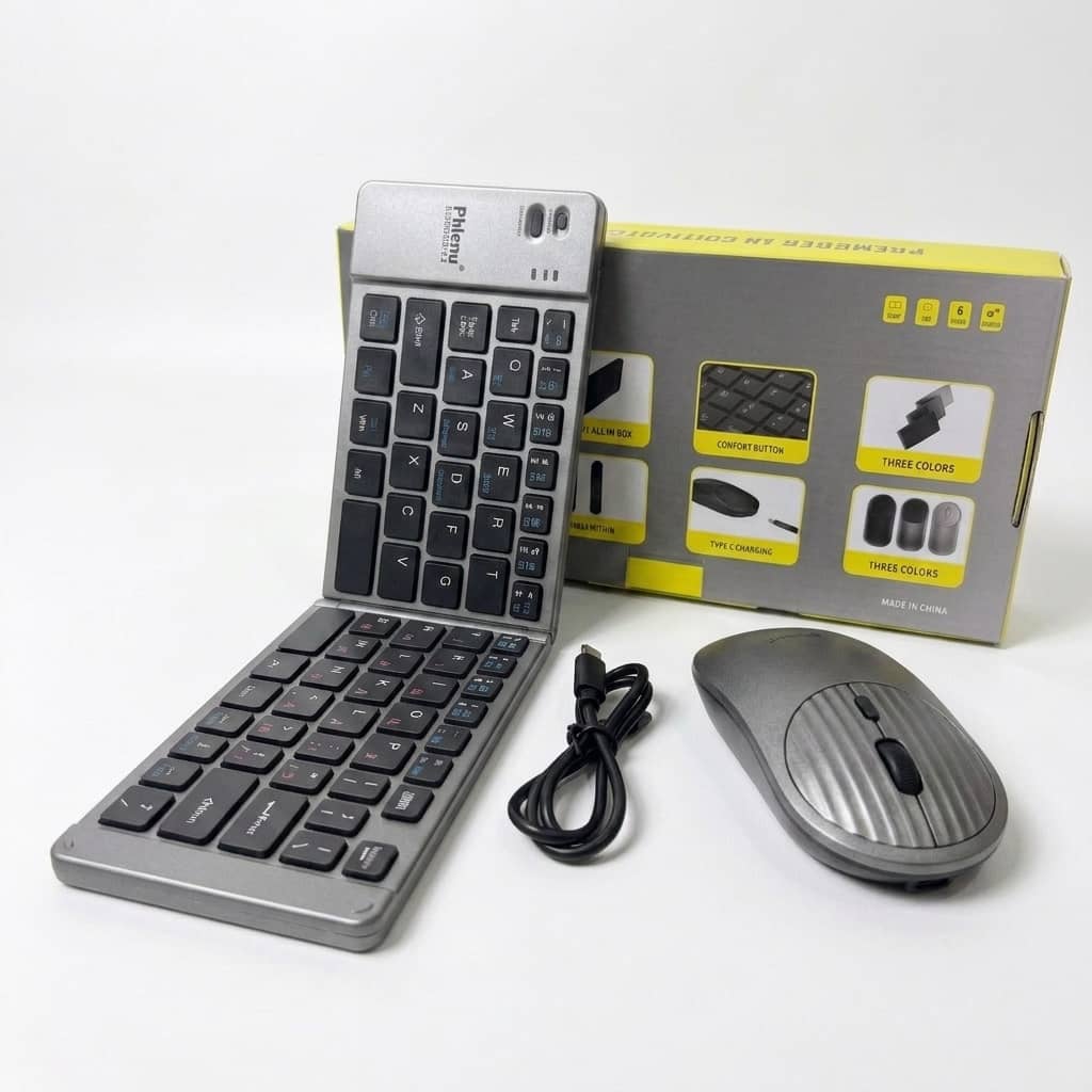 Phlenu Essentials® Wireless Folding Keyboard & Mouse Combo (Bluetooth + USB | Portable | Independent Mouse Use)