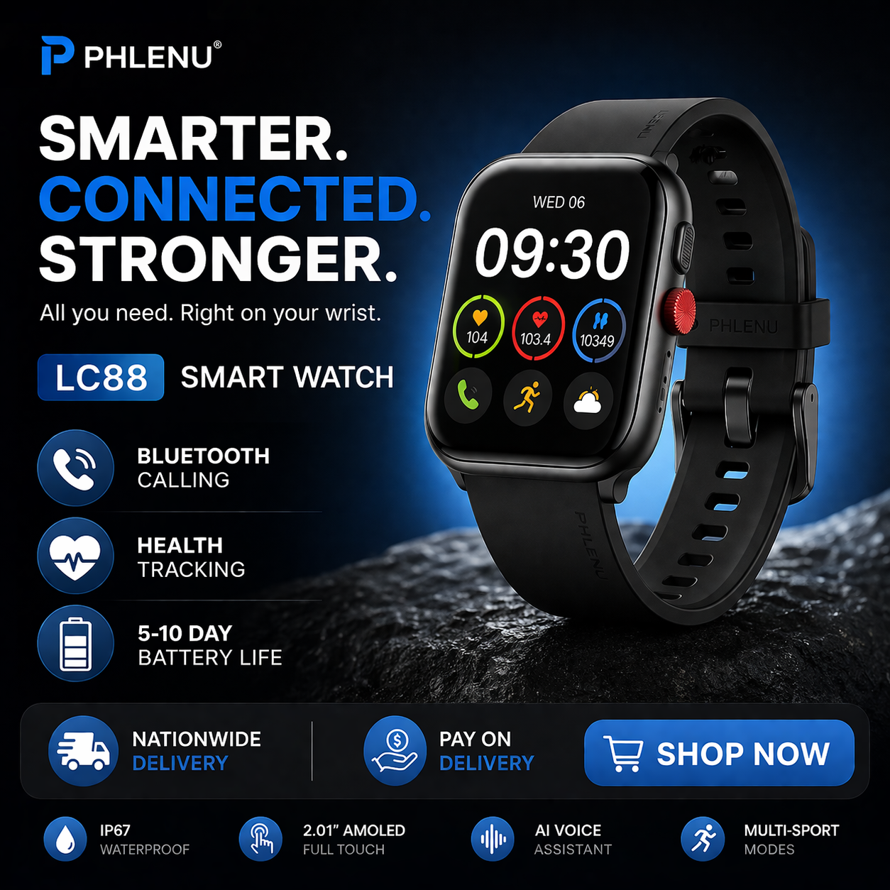 LC88 -Smart Watch – 2.01-Inch Full Color Display, AI Voice Assistant, Custom Phlenu Strap & Buckle