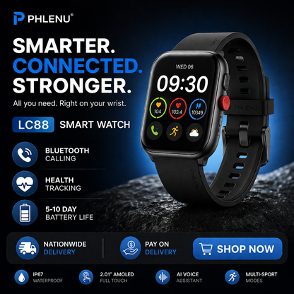 LC88 -Smart Watch – 2.01-Inch Full Color Display, AI Voice Assistant, Custom Phlenu Strap & Buckle