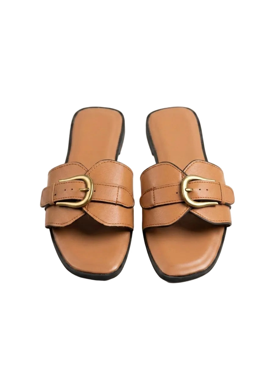 Women's Buckle Flat Slides – Classic Square-Toe Sandals