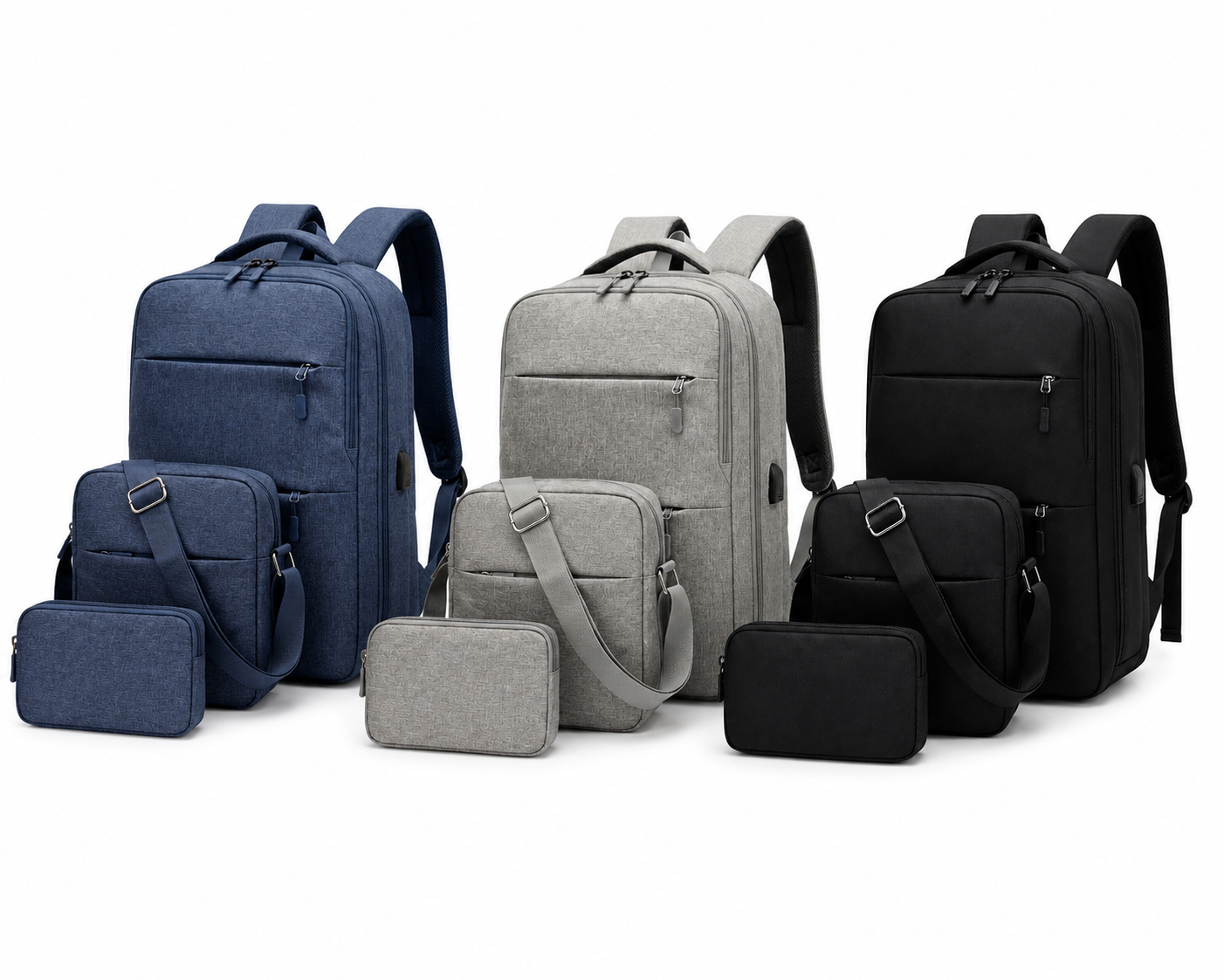 3-Piece USB Charging Backpack Set – Laptop Bag, Shoulder Bag & Pouch