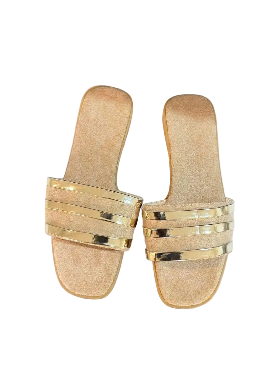 Women’s Metallic Triple-Strap Slides – Gold