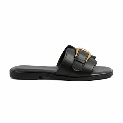 Women's Buckle Flat Slides – Classic Square-Toe Sandals
