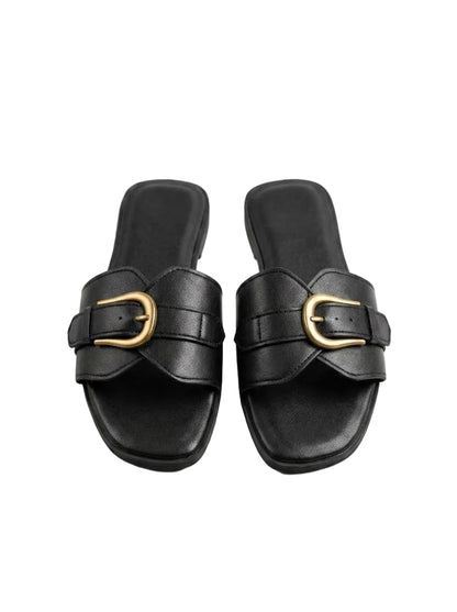 Women's Buckle Flat Slides – Classic Square-Toe Sandals