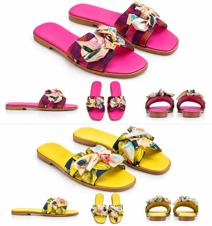 Women’s Printed Bow Slides – Flat Slip-On Sandals