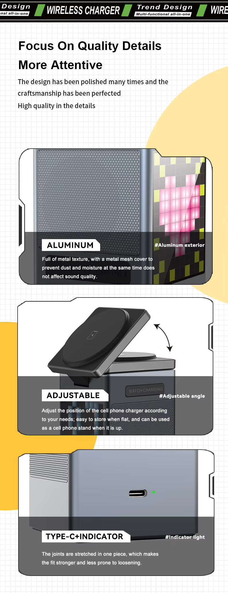 6-in-1 Pixel Animation Wireless Charger & Bluetooth Speaker – Charges Phone, Smartwatch & Earphones