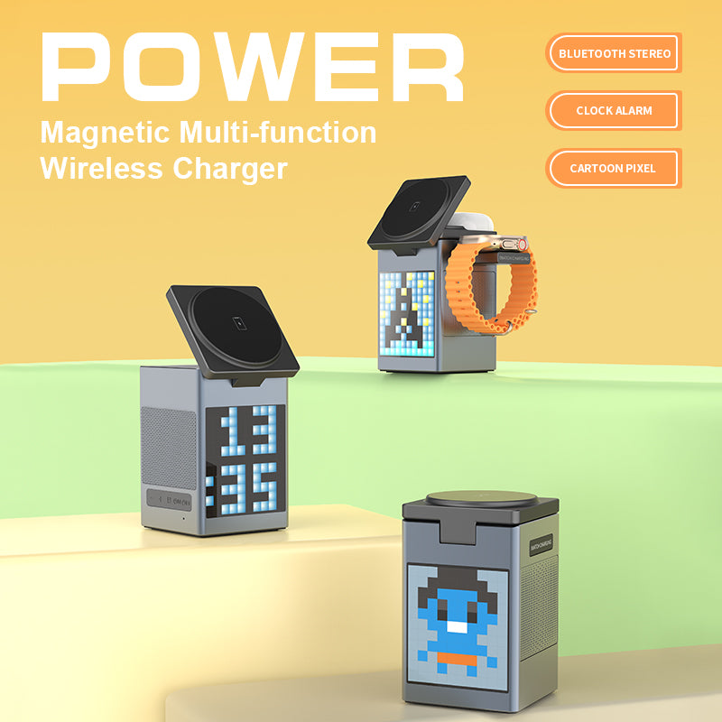 6-in-1 Pixel Animation Wireless Charger & Bluetooth Speaker – Charges Phone, Smartwatch & Earphones