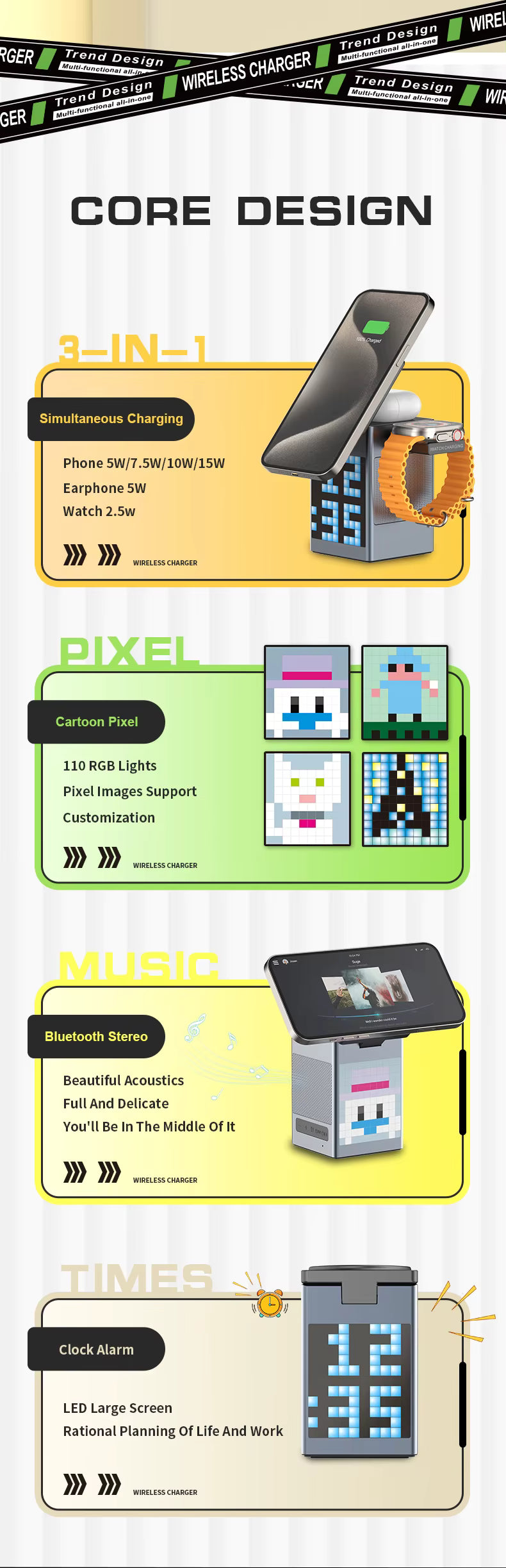 6-in-1 Pixel Animation Wireless Charger & Bluetooth Speaker – Charges Phone, Smartwatch & Earphones