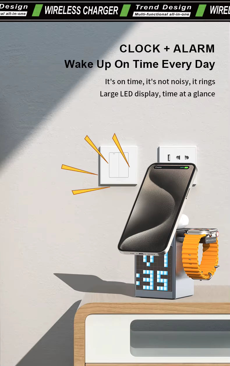 6-in-1 Pixel Animation Wireless Charger & Bluetooth Speaker – Charges Phone, Smartwatch & Earphones