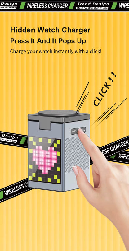 6-in-1 Pixel Animation Wireless Charger & Bluetooth Speaker – Charges Phone, Smartwatch & Earphones