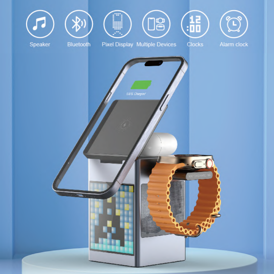 6-in-1 Pixel Animation Wireless Charger & Bluetooth Speaker – Charges Phone, Smartwatch & Earphones