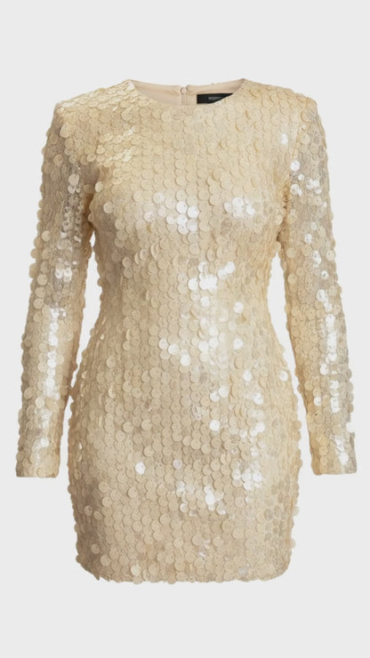 Champagne Sequin Long-Sleeve Mini Dress