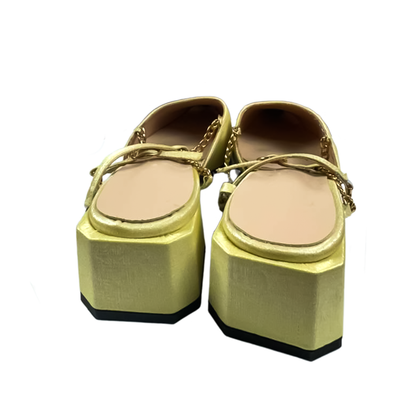 Gold Chain-Link Block Heel Mules