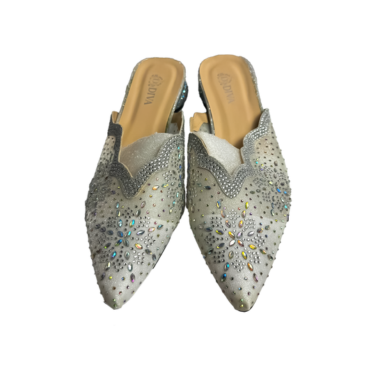 Silver Crystal-Embellished Flat Mules