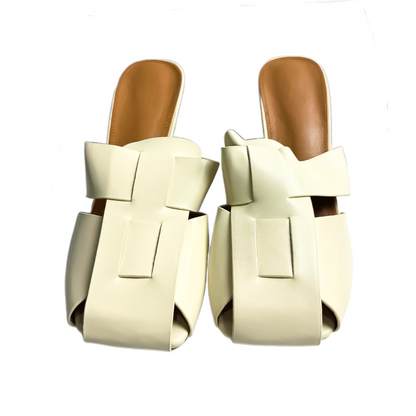 Cream Woven Block Heel Mules